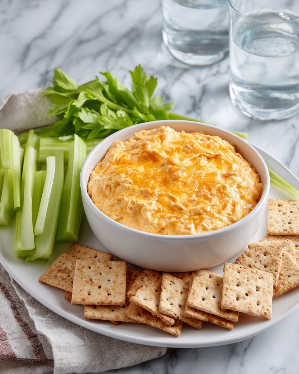 A white bowl filled with a smooth, creamy orange dip topped with melted shredded cheddar cheese sits in the middle of a white plate. Around the bowl, there are light tan square crackers with a slightly rough texture and fresh green celery sticks with leaves. A woman's hand is dipping a cracker into the cheesy dip. The plate is on a white marbled surface with two glasses of water and a patterned cloth nearby. photo taken with an iphone --ar 4:5 --v 7