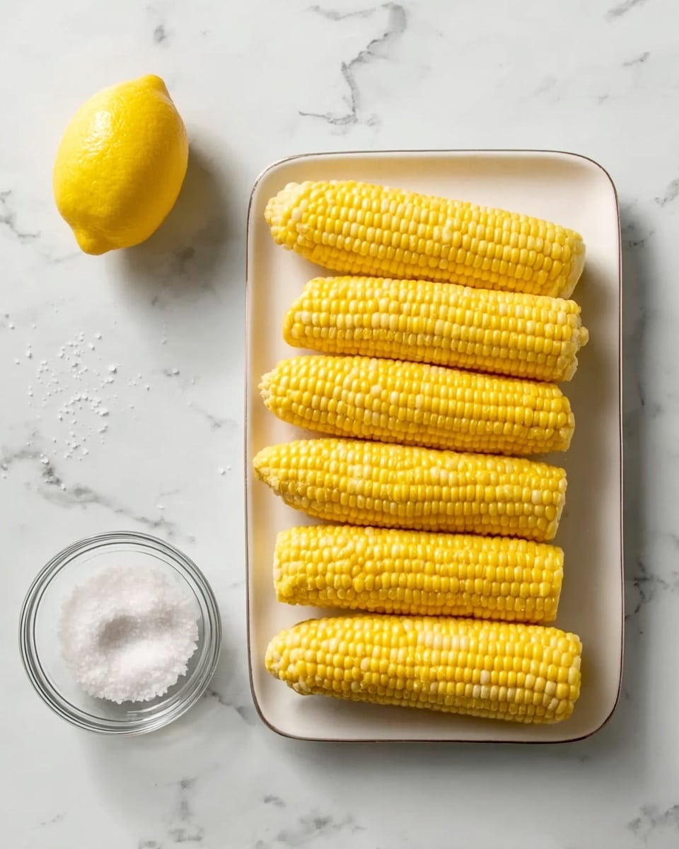 Six yellow corn cobs are arranged in two neat vertical rows on a white rectangular plate, placed on a white marbled surface. To the left of the plate, there is one whole yellow lemon and a small clear glass bowl filled with white salt. The colors are bright and natural, with the yellow corn standing out against the white plate and the white marbled background. The photo is clear and nicely lit, showing the smooth texture of the corn kernels and the glossy surface of the lemon. photo taken with an iphone --ar 4:5 --v 7