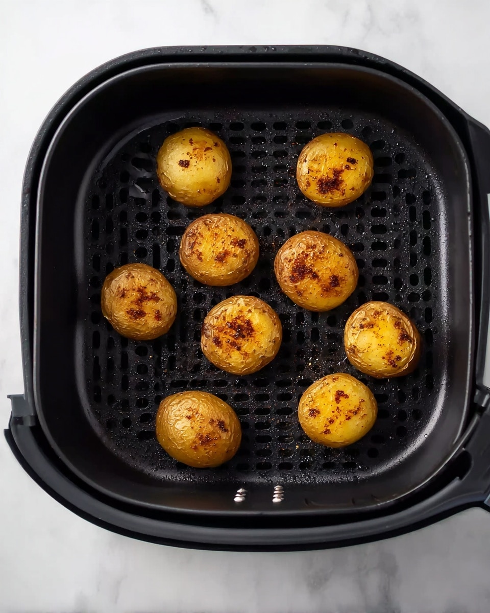The image shows seven small round potatoes inside a black air fryer basket with holes. Each potato piece is cooked golden brown with some dark brown spices sprinkled on top. The potatoes are spaced evenly in two rows, with four on the top row and three on the bottom row. The black air fryer basket contrasts with the white marbled surface around it. photo taken with an iphone --ar 4:5 --v 7