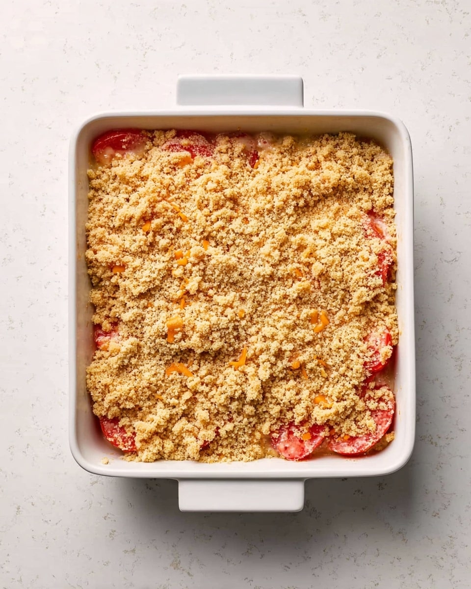 A square white ceramic baking dish filled with a baked casserole that has a golden brown crumbly topping covering the whole surface. Just under the topping, slices of orange and red vegetables peek out, arranged evenly in layers. The dish rests on a wooden board placed on a white marbled texture surface, next to a white cloth with orange stripes. The photo is taken from above, showing the whole dish and part of the cloth. photo taken with an iphone --ar 4:5 --v 7