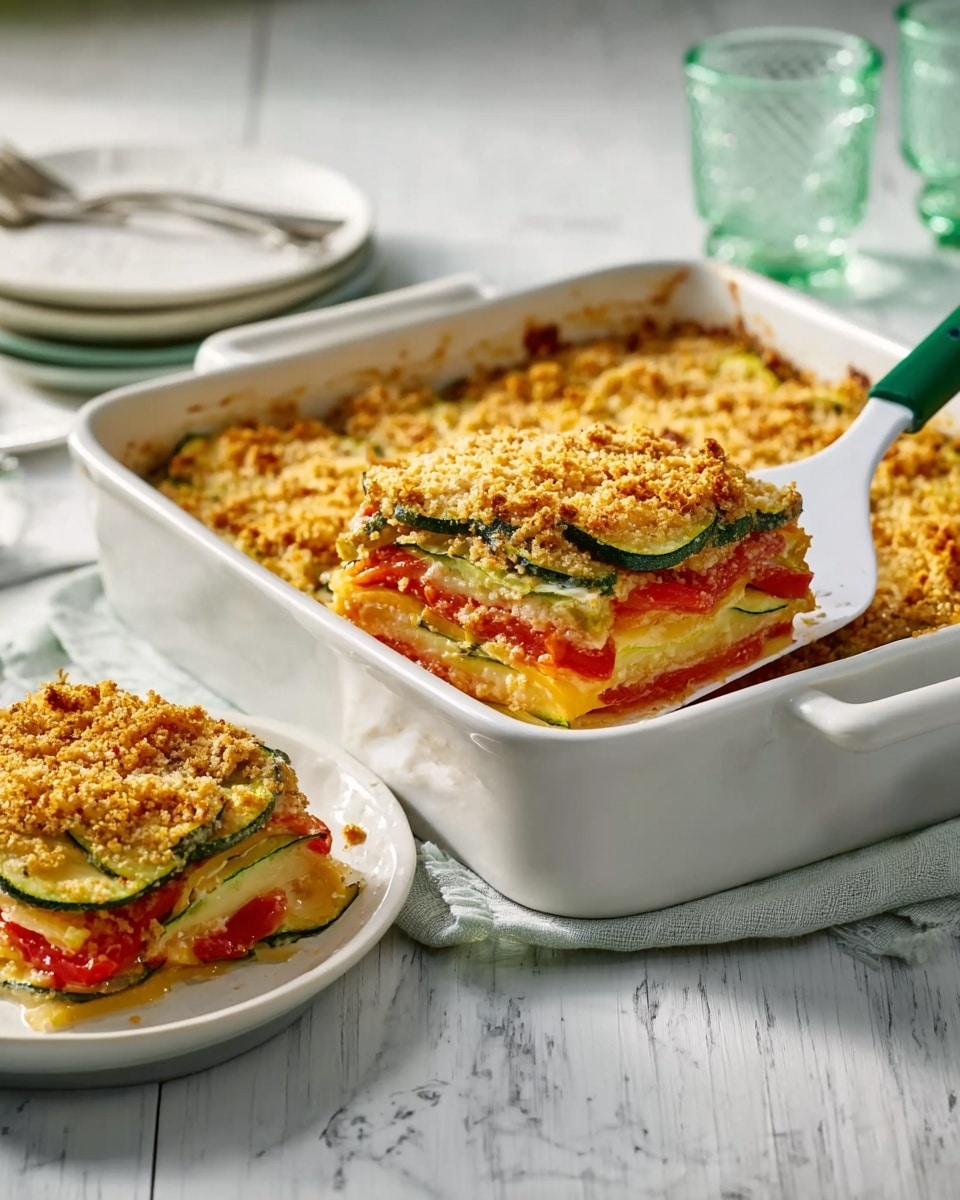 A white rectangular baking dish filled with a layered vegetable casserole topped with a golden-brown crumbly crust. A slice is lifted with a white spatula with a green handle, showing stacked layers of green zucchini, red tomatoes, and a light orange sauce or cheese between the vegetables. The slice sits on a white plate beside the dish, showing the colorful layers clearly. The background is a white marbled texture surface, with clear textured glasses and a fork nearby. Photo taken with an iphone --ar 4:5 --v 7
