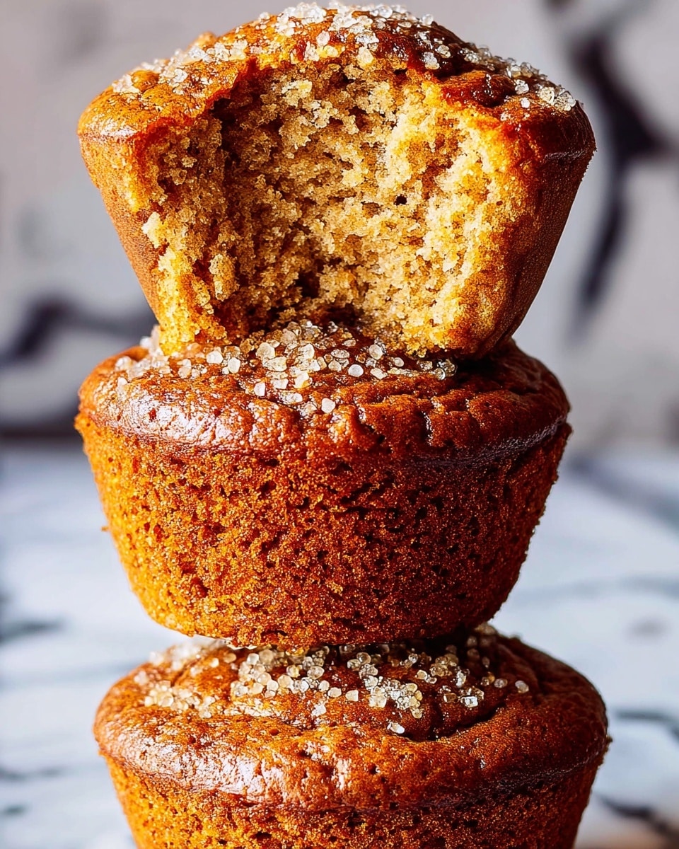 A stack of three golden brown muffins is shown against a white marbled background, with the top muffin split open and placed upside down on the second muffin, revealing a soft, moist, and crumbly texture inside. Each muffin has a slightly shiny top sprinkled with coarse sugar crystals that add texture and sparkle. The muffins have a light crust with a warm, toasted tone, and the crumb inside is dense but airy with an even distribution of tiny holes. The focus is on the rich color contrast between the shiny, sugar-dusted tops and the warmly textured interiors. Photo taken with an iphone --ar 4:5 --v 7