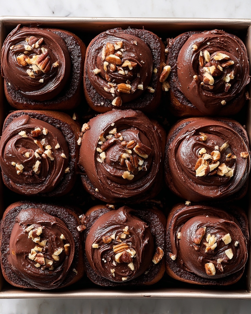 A white box holds nine dark brown chocolate rolls arranged in a close grid, each topped with a thick, shiny layer of smooth dark chocolate frosting that spreads unevenly, creating soft swirls. Small pieces of light brown chopped nuts are scattered on top of the frosting, adding texture and contrast. The rolls have a soft, dense texture with visible spirals inside. A woman's hand is picking up one of the rolls on the right side, gently holding it from the edge. The background surface shows a white marbled texture, visible at the corners of the box. photo taken with an iphone --ar 4:5 --v 7