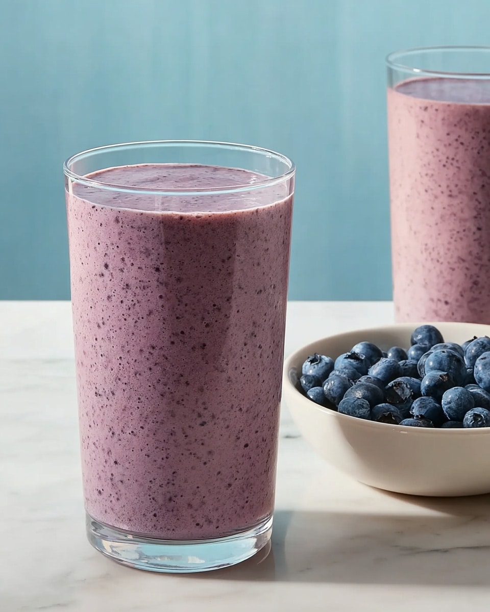 The image shows two tall clear glasses filled with a thick purple smoothie that has small darker specks all through it. The glass in front is full to the top with the creamy textured smoothie sitting smoothly inside. Behind it to the right is another glass filled with the same purple smoothie. Next to the second glass is a small white bowl filled with fresh, round blueberries with a rich blue color and slight shine. All items are on a white marbled surface with soft natural light, and the background is a calm light blue wall. Photo taken with an iphone --ar 4:5 --v 7