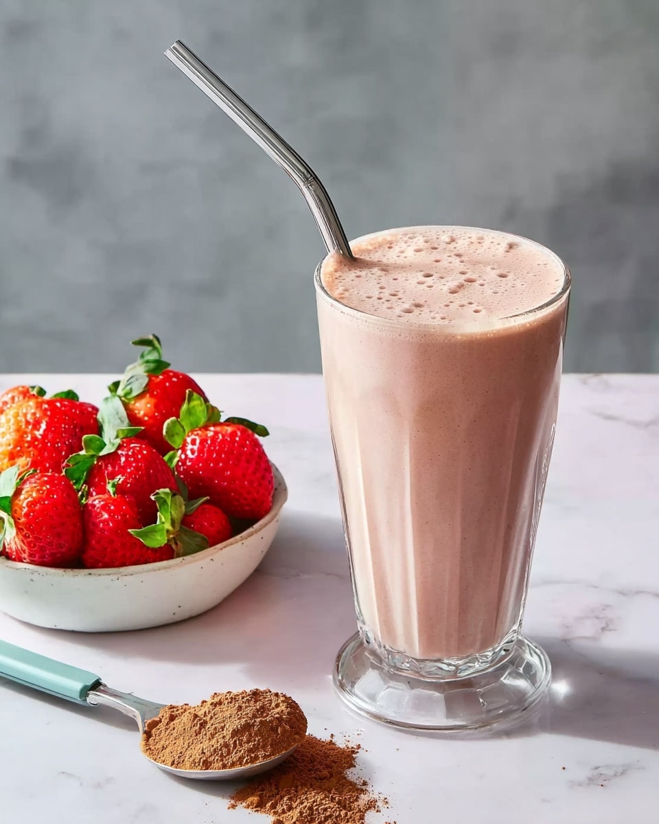 A tall clear glass filled with a thick, creamy light pink smoothie showing tiny red bits, with a metal straw inserted on the right side, placed on a white marbled surface. To the left, there is a white bowl full of fresh, bright red strawberries with green leaves. In front of the bowl, a spoon with a green handle holds a small pile of brown powder. Photo taken with an iphone --ar 4:5 --v 7