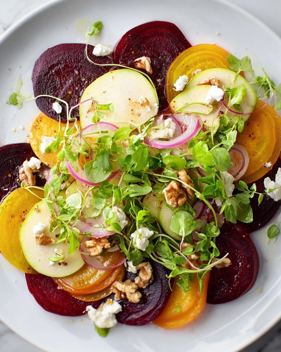 This dish is a colorful salad on a white plate placed on a white marbled surface. The base layer consists of thin slices of red and golden beets, arranged evenly in a circular pattern. On top of the beets, there are scattered slices of light green apple and thin rings of light purple onion. Fresh green microgreens and leafy greens are spread around the plate, giving a lively and fresh look. Small dollops of white cheese are sprinkled over the salad, along with pieces of light brown walnuts placed throughout. The salad has a light shine, suggesting a drizzle of dressing. Photo taken with an iphone --ar 4:5 --v 7