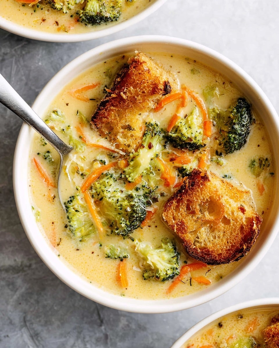 The image shows a white bowl filled with creamy yellow soup that has bright green broccoli pieces and thin orange carrot strips floating in it. On top of the soup, there are chunks of golden-brown toasted bread adding a crunchy texture. A vintage silver spoon rests inside the bowl, partly submerged in the soup. The bowl sits on a white marbled surface with another similar bowl just below it in the frame. Photo taken with an iphone --ar 4:5 --v 7