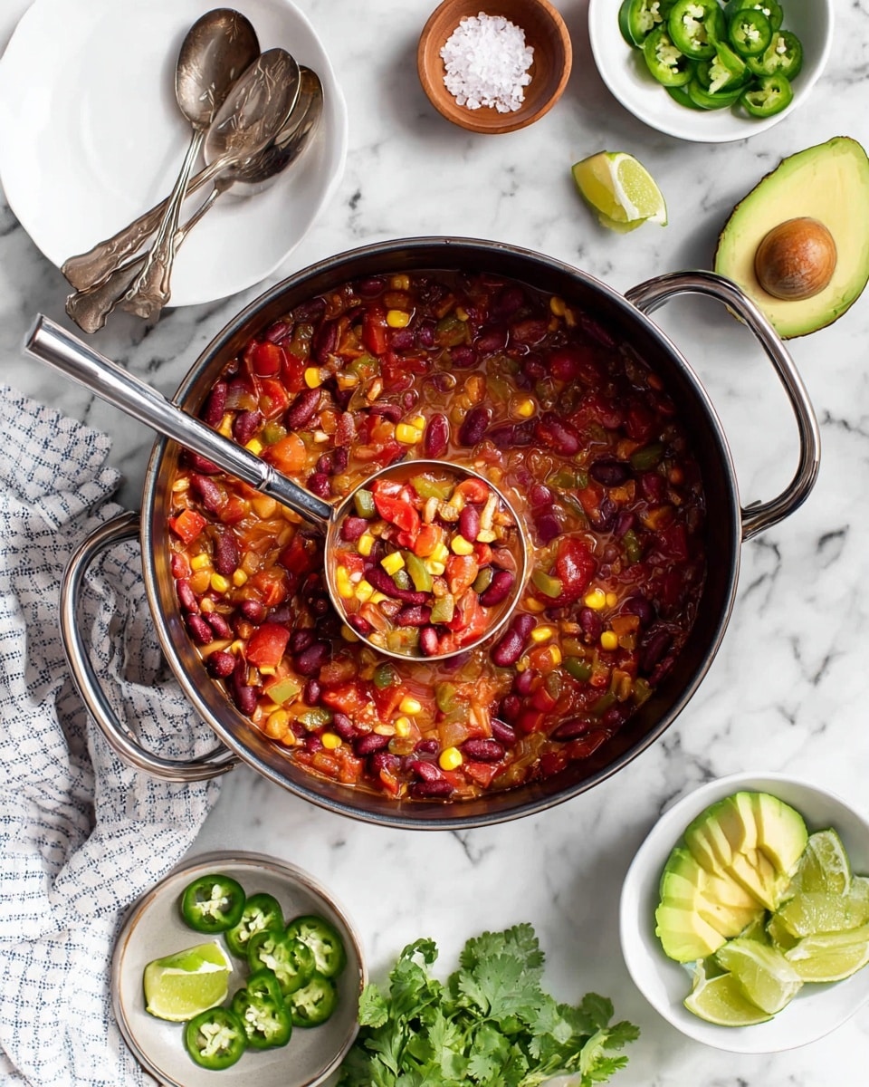 A large black pot sits on a white marbled surface filled with colorful chili made of dark red kidney beans, light brown beans, yellow corn, red bell peppers, green jalapenos, and chunky onion pieces in a thick reddish sauce, with a shiny silver ladle lifting a scoop of chili in the center. Nearby, there are two white bowls with tarnished silver spoons, a small white dish with sliced green jalapenos, lime halves and whole limes, fresh green cilantro sprigs, two avocado halves showing light green flesh, a small wooden bowl with salt, and a crumpled white and blue checkered cloth. Photo taken with an iphone --ar 4:5 --v 7