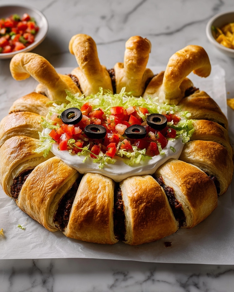 A round pastry base with a golden brown crust is arranged in slices outward like spider legs, each slice filled with dark brown seasoned meat. On the top of the pastry, there are three layers shaped to look like a spider's face: a bottom layer of smooth white cream spread in a semi-circle, topped with a layer of red chopped tomatoes, followed by a layer of green shredded lettuce. Two black olive slices sit on the white cream to look like eyes. The pastry is placed on white parchment on a black surface, with a white marbled texture in the background, and there is a woman's hand reaching in from the side. photo taken with an iphone --ar 4:5 --v 7