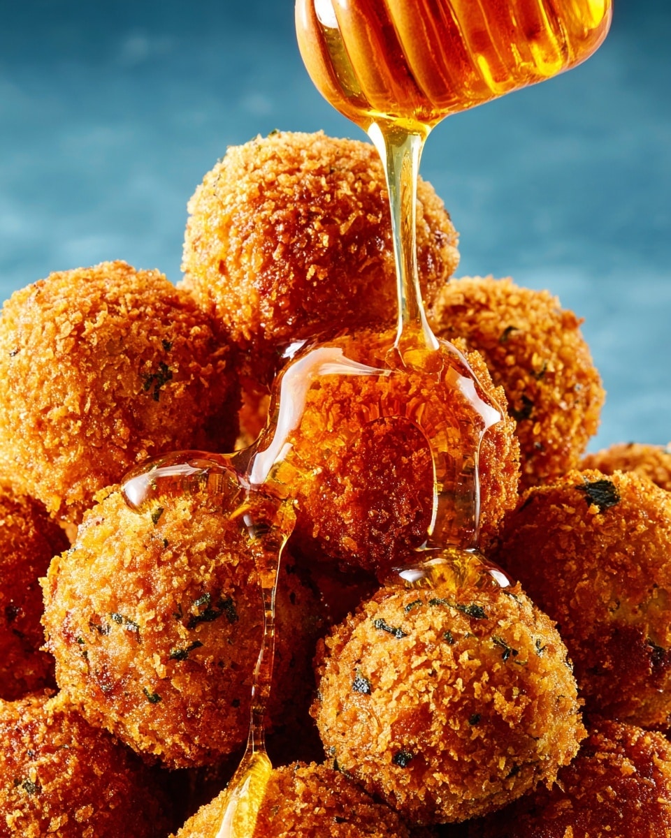 A close-up view of a heap of golden brown crispy fried balls with a rough, crunchy texture, stacked closely together. A stream of shiny honey is being poured over the top, coating the balls with a glossy amber layer, making some of them look sticky and shiny. The background is a plain blue color with no other objects visible. photo taken with an iphone --ar 4:5 --v 7