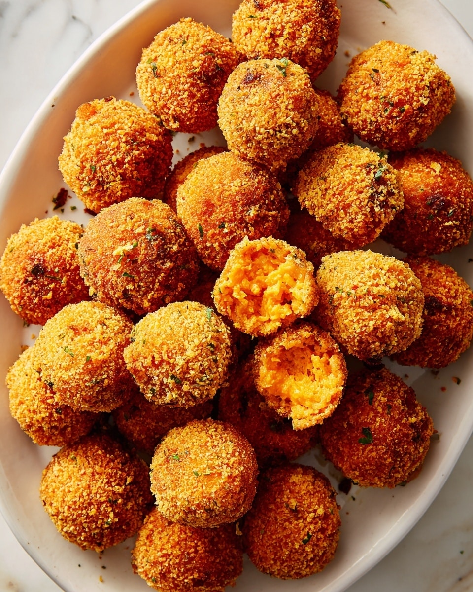 A pile of round, golden brown fried balls sits closely packed together. Each ball has a rough, crispy texture with small green herbs embedded in the coating. A thick, amber-colored honey is being poured over the top of the balls from a honey dipper, creating shiny, sticky layers that catch the light and drizzle down the sides. The dish is set against a white marbled texture. photo taken with an iphone --ar 4:5 --v 7
