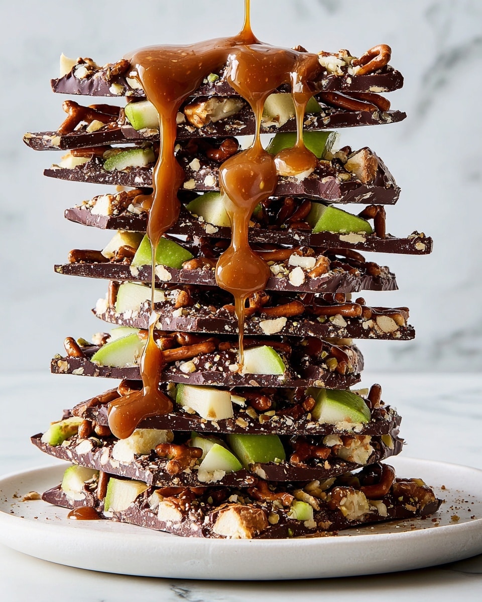 A tall stack of eight uneven layers of dark chocolate bark with pieces of pretzel and chopped green apple embedded inside, placed on a white plate. Each chocolate layer looks rough and textured, with chunks of pretzel showing through, and the green apple pieces are scattered thickly between and on top of the layers. A rich caramel sauce is poured from above, dripping down the sides in thick streams over the chocolate, pretzels, and apples. The background is a white marbled texture. Photo taken with an iphone --ar 4:5 --v 7