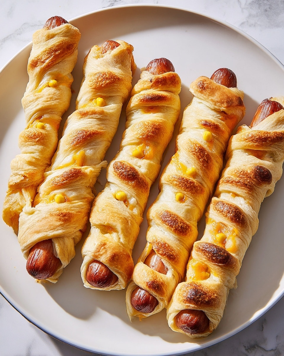 Four sausages wrapped in golden brown dough strips sit side by side on a large white plate. Each sausage is partly visible at both ends, with a few small dots of yellow mustard on the exposed parts. The dough is baked to a light crisp, showing slight browning where the layers overlap, with melted cheese peeking out beneath some areas. The plate rests on a white marbled surface, and the scene is brightly lit with soft shadows. photo taken with an iphone --ar 4:5 --v 7