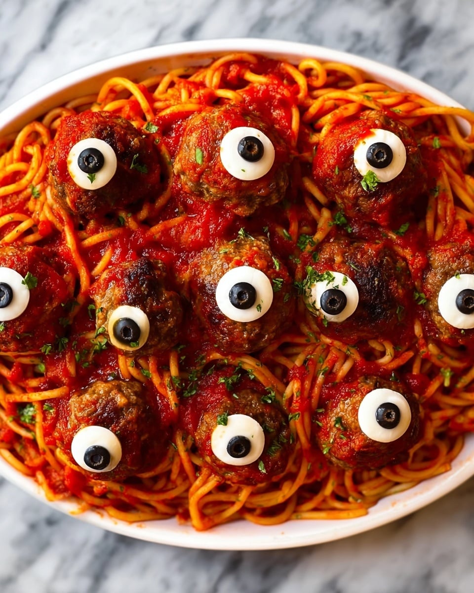 A white plate full of spaghetti layered at the bottom with light yellow pasta strands spread out evenly, topped with bright red tomato sauce scattered over the noodles in uneven patches. On top, there are round dark brown meatballs, each decorated with a white circle and a black olive slice placed in the center to look like eyes. A silver pasta serving fork lifts a pile of spaghetti with one meatball, showing the layers of noodles, sauce, and meatball clearly. Small green herb bits are sprinkled over the dish for color contrast. The setting is on a white marbled surface. photo taken with an iphone --ar 4:5 --v 7