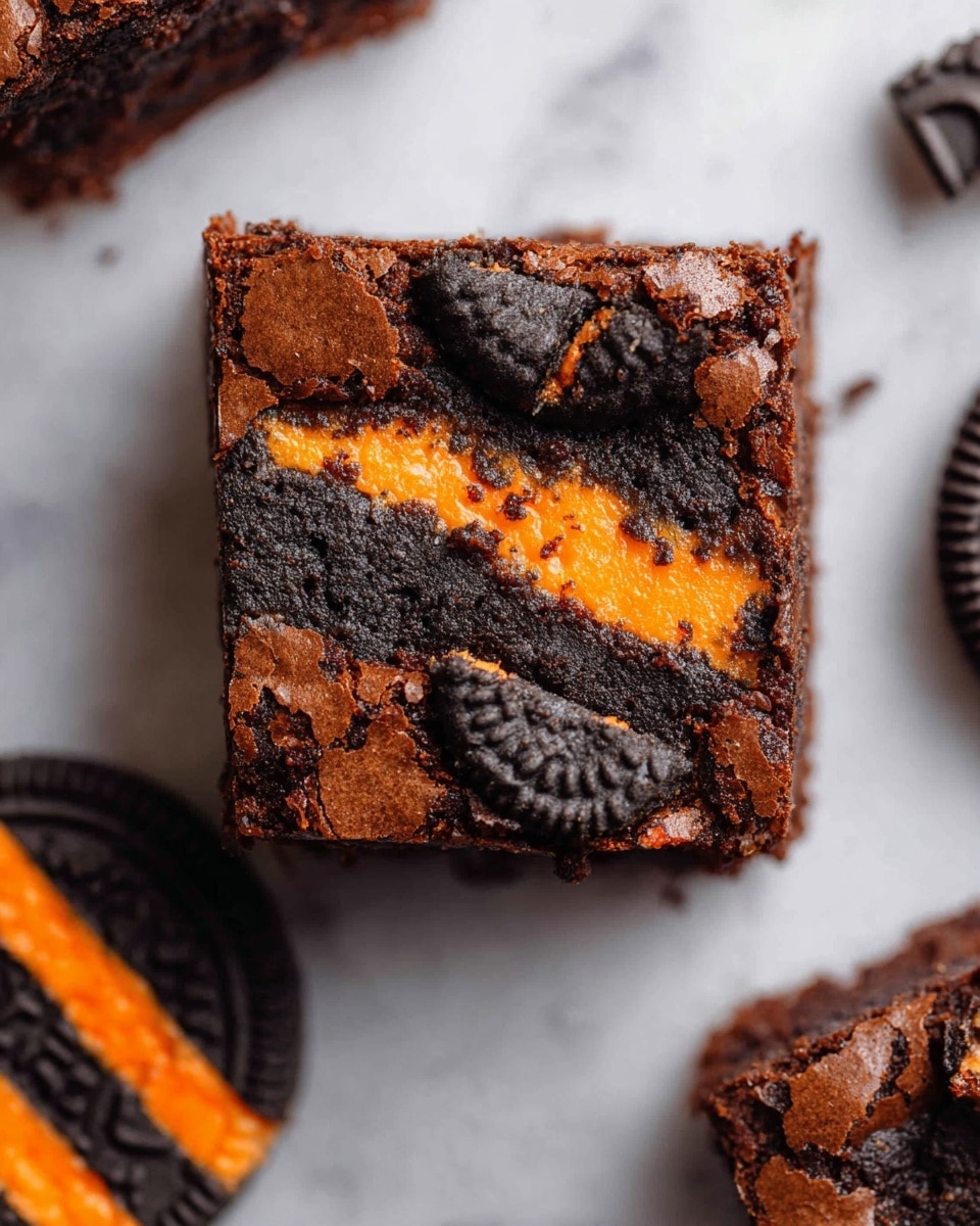 A close-up top view of a single square brownie piece on a white marbled surface, showing a cracked dark brown top layer with embedded black and orange Halloween-themed cookies. The brownie has a thick, fudgy texture and visible small air holes. One cookie piece at the bottom left corner displays black and orange layers with part of the word