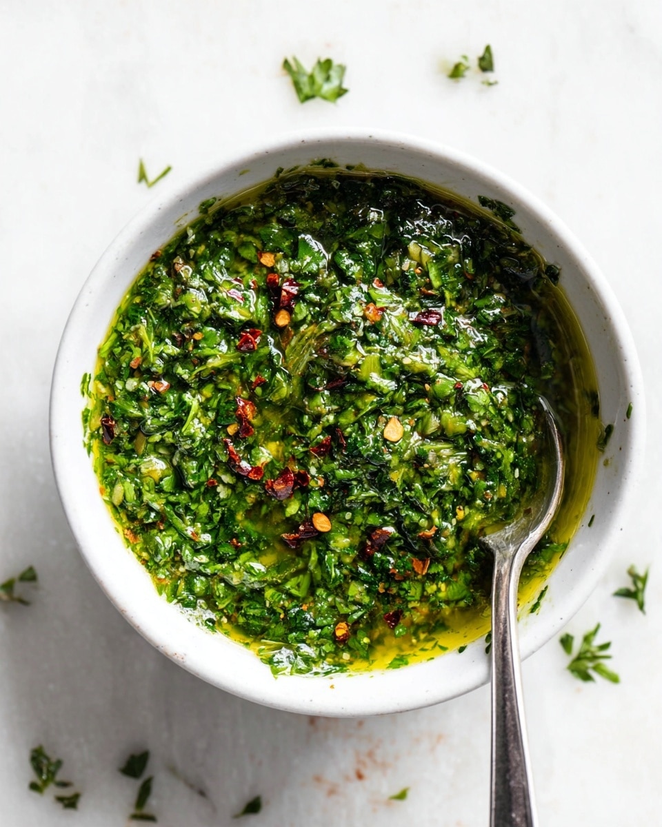 On a large white plate with a white marbled surface underneath, there are two rows of grilled steak slices arranged in a fan shape, showing a pink middle and browned edges. Each steak slice has a small dollop of bright green herb sauce on top. In the center of the plate, there is a small white bowl filled with more green herb sauce and a white spoon resting inside it. The whole setup has a fresh, simple look with a mix of rich brown, pink, and vibrant green colors. Photo taken with an iphone --ar 4:5 --v 7