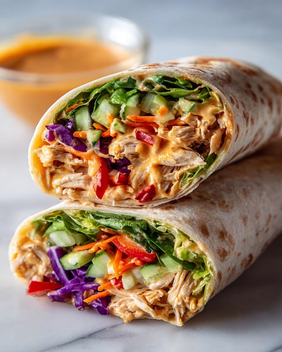 A close-up view of two halves of a wrap stacked on a white marbled surface, showing multiple colorful layers inside a soft, slightly toasted tortilla. The wrap contains a layer of shredded light brown chicken mixed with creamy orange sauce, followed by bright green leafy lettuce, finely shredded orange carrots, thin strips of red bell pepper, small chunks of cucumber, and purple cabbage adding vibrant color. The textures range from tender chicken to crisp fresh vegetables. In the background, part of a glass bowl with extra sauce is visible but out of focus. photo taken with an iphone --ar 4:5 --v 7