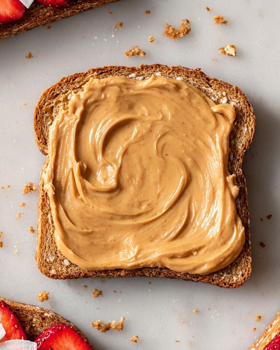 A single slice of toasted brown bread with visible grains covers the bottom layer, topped evenly with a thick, smooth layer of creamy light brown peanut butter spread that covers the entire surface in soft swirls. Surrounding the toast is a white marbled background with small crumbs scattered around. In the corner, part of another toast slice is visible with a similar peanut butter layer but also has sliced red strawberries and some white coconut flakes on top. Photo taken with an iphone --ar 4:5 --v 7