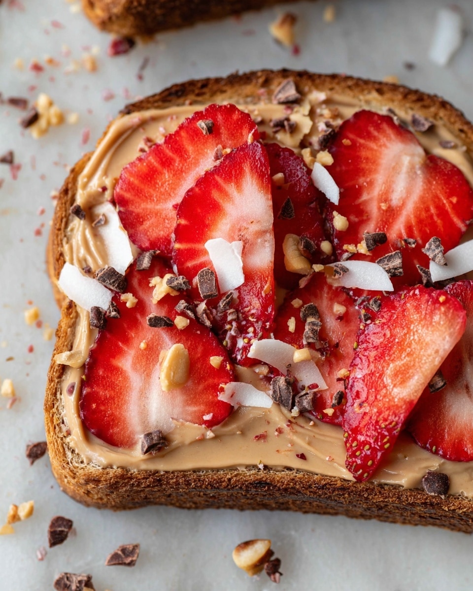 A close-up of a single slice of toasted brown bread as the base layer, topped with a smooth, creamy light brown spread covering the entire bread surface. On top of the spread, there are several thin, overlapping slices of bright red strawberry with visible seeds and juicy texture. Scattered over the strawberries are small pieces of white coconut flakes along with small dark brown cacao nibs and light beige crushed nuts for added texture. The toast sits on a white marbled surface with some scattered bits of the ingredients around it. photo taken with an iphone --ar 4:5 --v 7