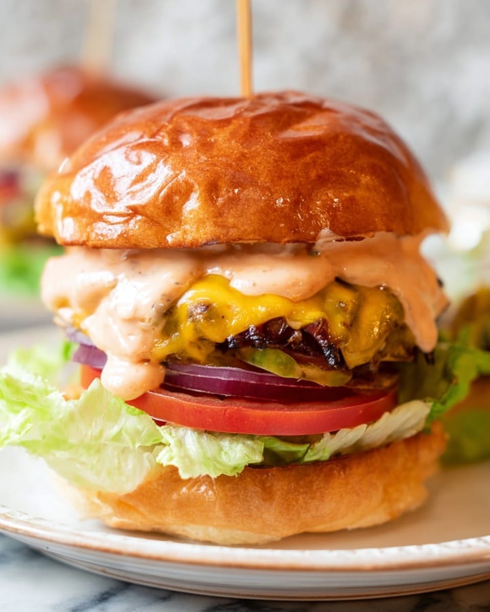 A close-up image of a sandwich on a white plate with a white marbled background. The sandwich has five visible layers: the top layer is a soft, shiny golden-brown bun with a wooden stick through the middle, a melted yellow cheese layer draped over a dark brown cooked patty, a thick layer of light pink sauce dripping down the sides, a fresh red tomato slice underneath, and a bottom layer of bright green leafy lettuce resting on the bottom shiny golden-brown bun. Photo taken with an iphone --ar 4:5 --v 7
