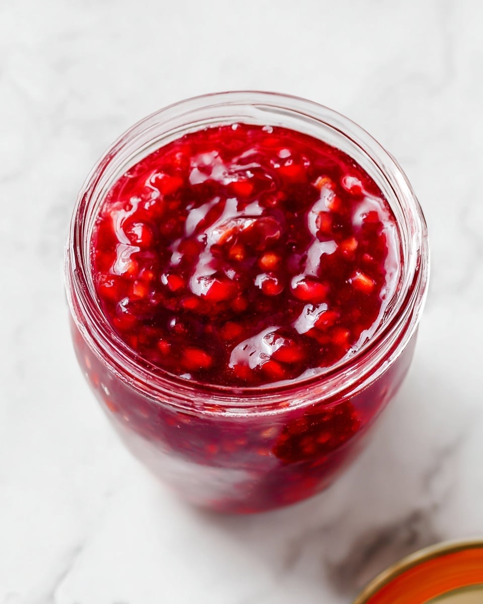 A clear glass jar filled to the top with bright, shiny red cranberry sauce, showing whole cranberries suspended in thick, glossy red syrup. The cranberries have a smooth but slightly wrinkled texture, and their rich red color contrasts with the clear glass jar. The jar sits on a white marbled surface, and the photo captures the vibrant color and shiny texture of the sauce up close. photo taken with an iphone --ar 4:5 --v 7