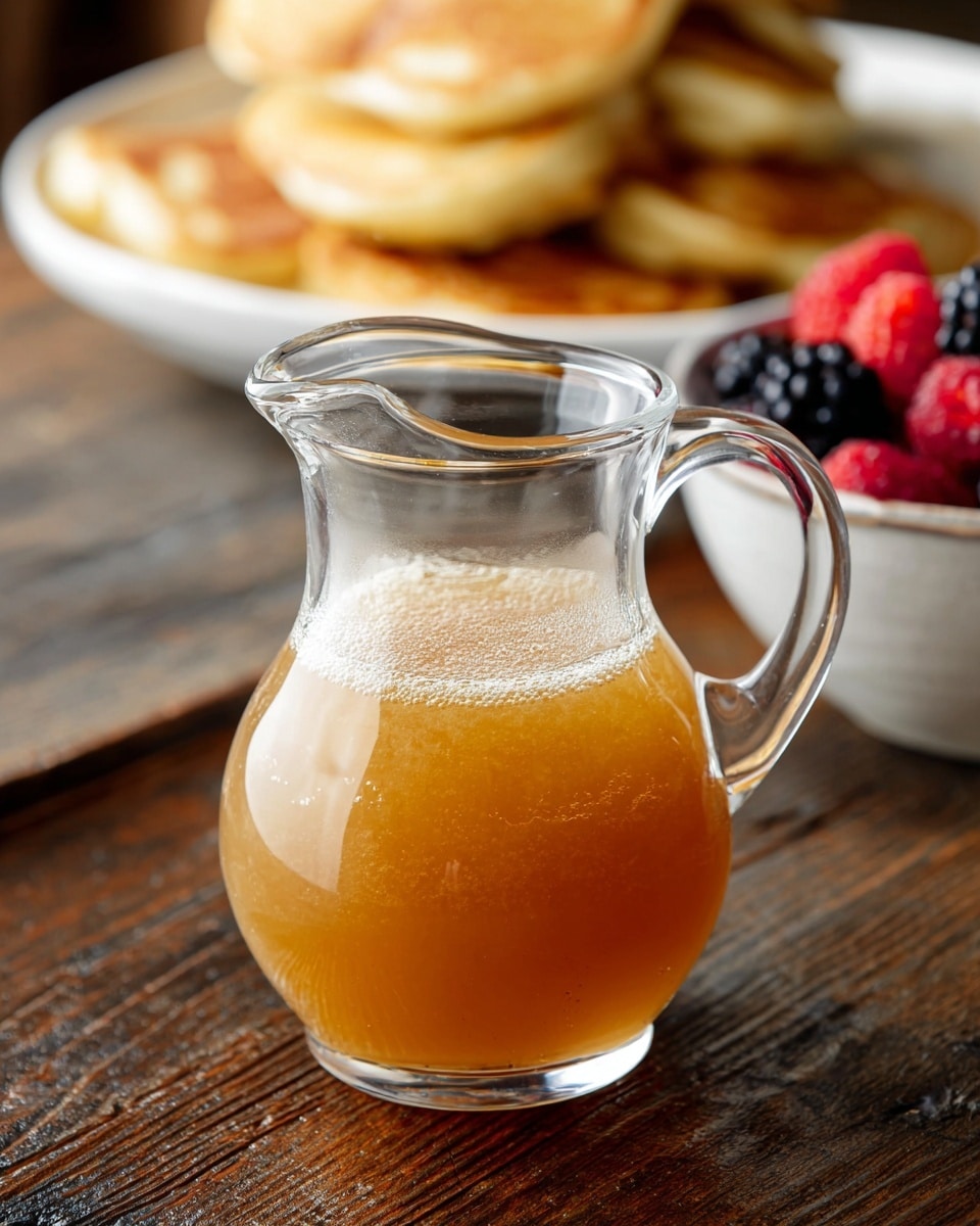 A clear glass pitcher with a handle sits in the center, filled halfway with a pale yellow liquid topped with a thick layer of light foam with small bubbles. Behind the pitcher, slightly blurred, there is a white bowl filled with dark red and black berries. In the foreground to the right, there is a white ramekin with a swirl of white cream on top. The pitcher and bowls rest on a white marbled surface with a soft focus background. Photo taken with an iphone --ar 4:5 --v 7