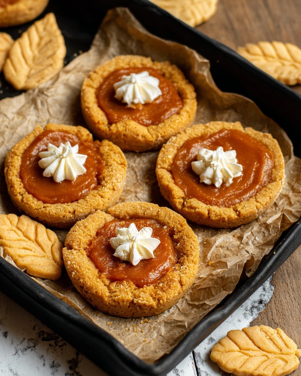 The image shows four round cookies with a rustic, crumbly golden brown base topped with a smooth, glossy pumpkin-colored filling in the center. Each cookie has a small dollop of white cream piped in a star shape on top near the edge of the filling. The cookies rest on crinkled brown parchment paper inside a black baking tray, and a few small, light brown leaf-shaped cookies with textured veins are scattered around them. The tray is placed on a wooden surface, but the background is changed to a white marbled texture. photo taken with an iphone --ar 4:5 --v 7