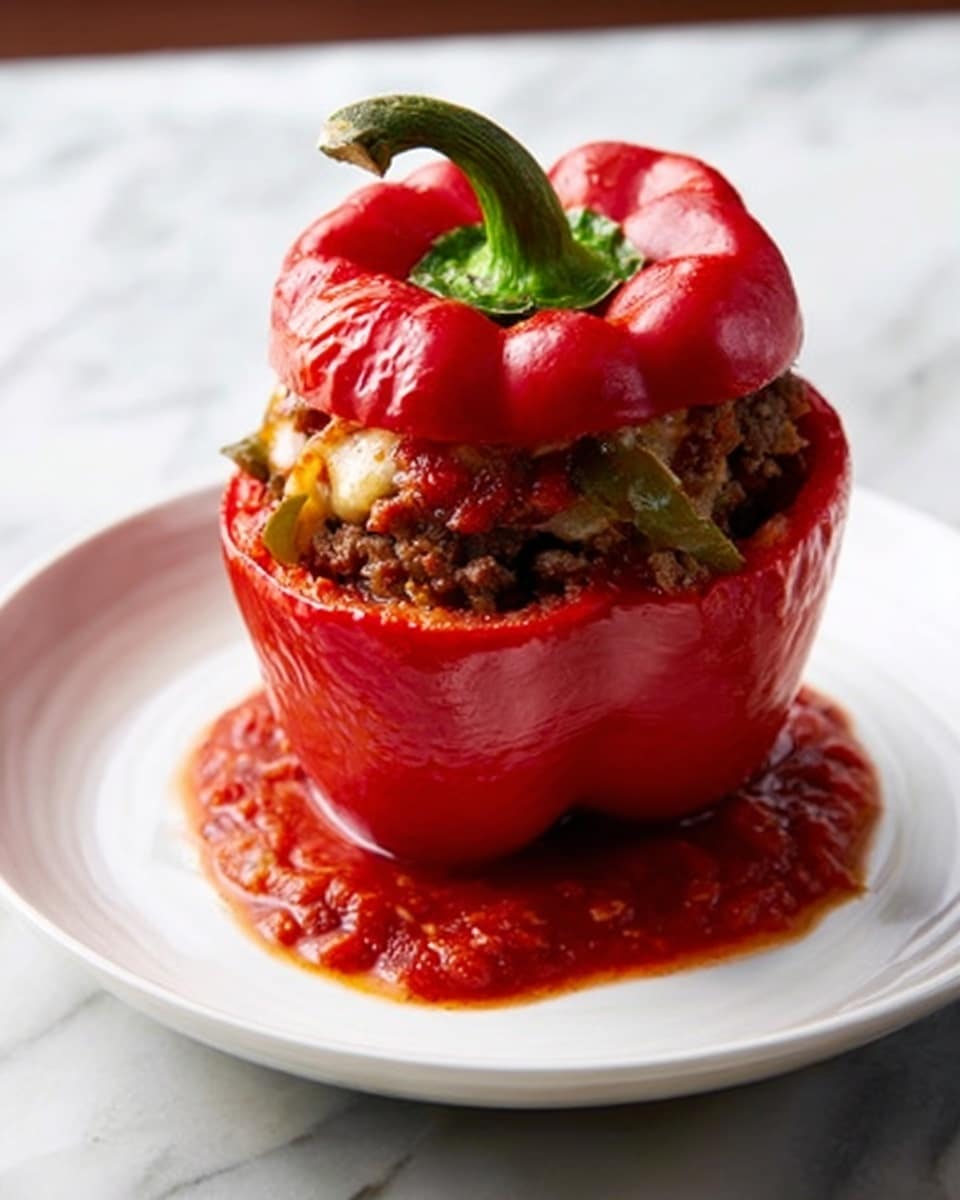 A bright red bell pepper stuffed with a mixture of cooked ground meat and melted cheese, with the green stem and top of the pepper placed back on like a lid. The pepper sits upright on a small pool of chunky red tomato sauce on a white plate. The plate is set on a white marbled surface, which contrasts with the rich colors of the food. The pepper’s shiny skin and the texture of the filling inside create a pleasing look. photo taken with an iphone --ar 4:5 --v 7