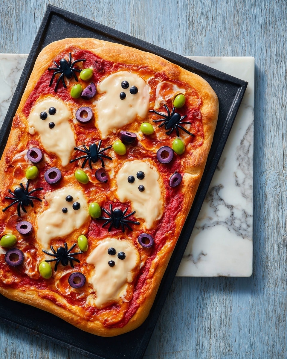 A rectangular pizza with a golden, slightly thick crust is shown on a dark baking tray set on a worn blue wooden surface. The pizza has a base layer of red tomato sauce topped with melted white cheese shaped like ghost figures scattered evenly across the surface. Each ghost has small black olive pieces for eyes and mouth, giving them a cute expression. Around the ghosts, there are black, purple, and green olive spiders with round bodies and olive segments as legs placed creatively on the pizza. A knife with a white handle and a sheer beige cloth are placed to the side. Photo taken with an iphone --ar 4:5 --v 7