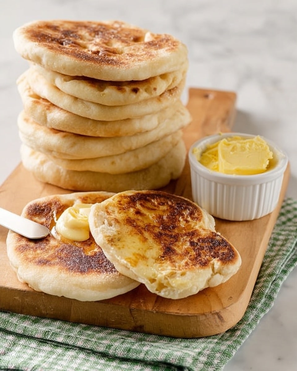 A stack of seven thick, round bread pieces with a light golden-brown crust sits on a wooden board placed on a white marbled surface. One open bread piece is toasted to a rich golden brown with small air pockets and a slightly crisp texture, lying flat in front of the stack. To the right, there is a white ramekin filled with smooth yellow butter and a silver butter knife resting on the rim, with a small amount of butter spread on the knife blade. Next to the butter, a small white bowl holds a light brown spread or sauce. The scene is softly lit and warm in tone, with a woman’s hand just visible near the butter knife. Photo taken with an iphone --ar 4:5 --v 7