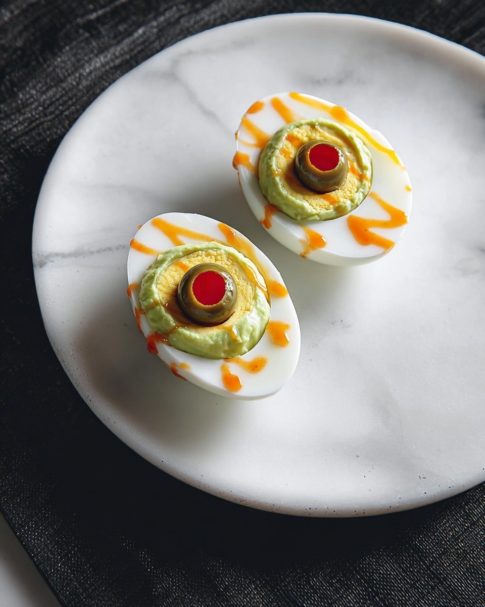 Two halved hard-boiled eggs are placed side by side on a white plate with a smooth surface. Each egg half has a layer of white egg white as the base. On top of this, there is a textured layer of light green spread, likely avocado or guacamole. Above this, a green olive ring with a bright red filling sits in the center. Thin lines of a light orange sauce are drizzled over the egg whites in a random pattern, resembling veins. The plate sits on a white marbled surface. photo taken with an iphone --ar 4:5 --v 7