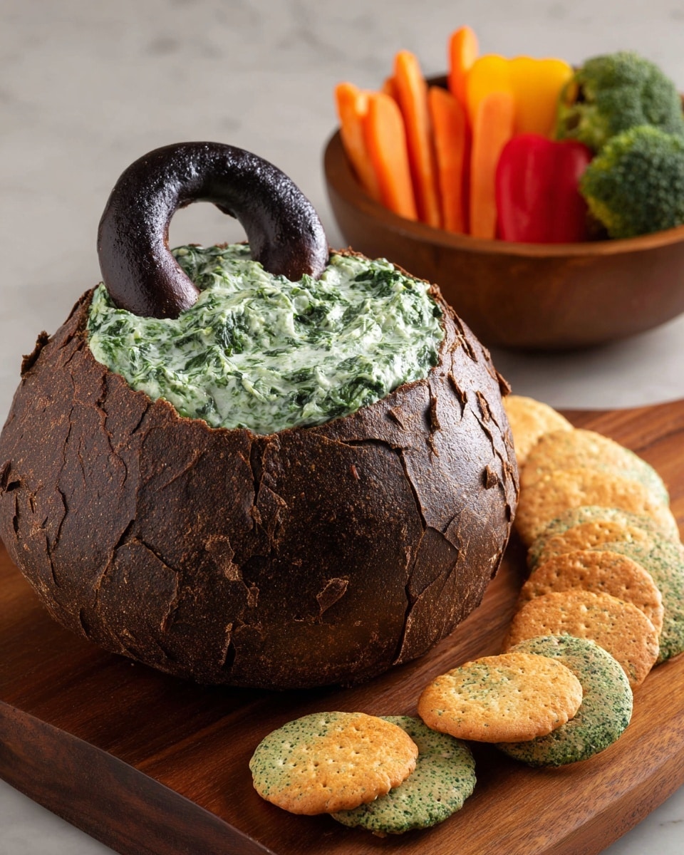 A dark brown round bread bowl holds a green creamy spinach dip inside, with a thick, smooth dark purple border around the opening. A black twisted breadstick shaped like a handle arches from one side of the bowl's rim to the other, resting on top of the dip. In front of the bowl on a wooden cutting board, there are light orange and pale green pumpkin-shaped crackers scattered. In the background, a wooden bowl with colorful vegetable sticks including light yellow, green, orange, and red, is partially visible. The surface beneath everything is a white marbled texture. Photo taken with an iphone --ar 4:5 --v 7