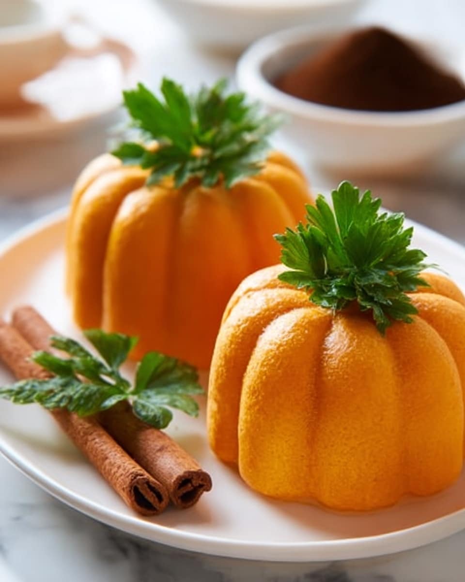 The image shows two small pumpkin-shaped orange desserts placed side by side on a white plate. Each dessert has smooth, ribbed sides that mimic the texture of a pumpkin and is topped with a small green parsley leaf, giving the appearance of pumpkin stems. The background has a blurred white marbled texture with a cinnamon stick resting on the plate near the desserts and a small bowl with a dark brown powder partially visible behind them. Photo taken with an iphone --ar 4:5 --v 7