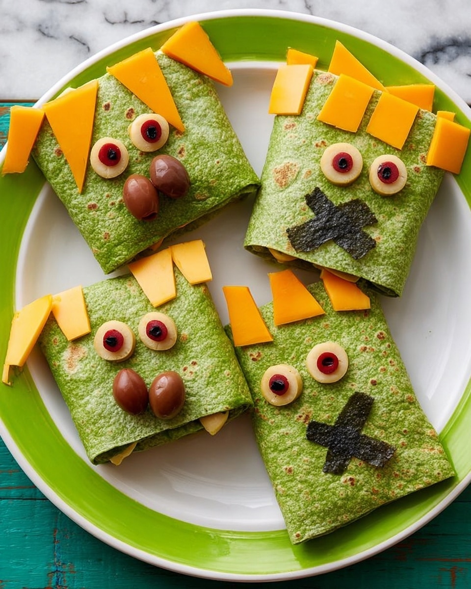 The image shows several green tortilla wraps on a white plate with a green rim, placed on a white marbled surface. Each wrap is decorated to look like a funny face with layers of orange cheese cut into triangles or stripes on the top part as