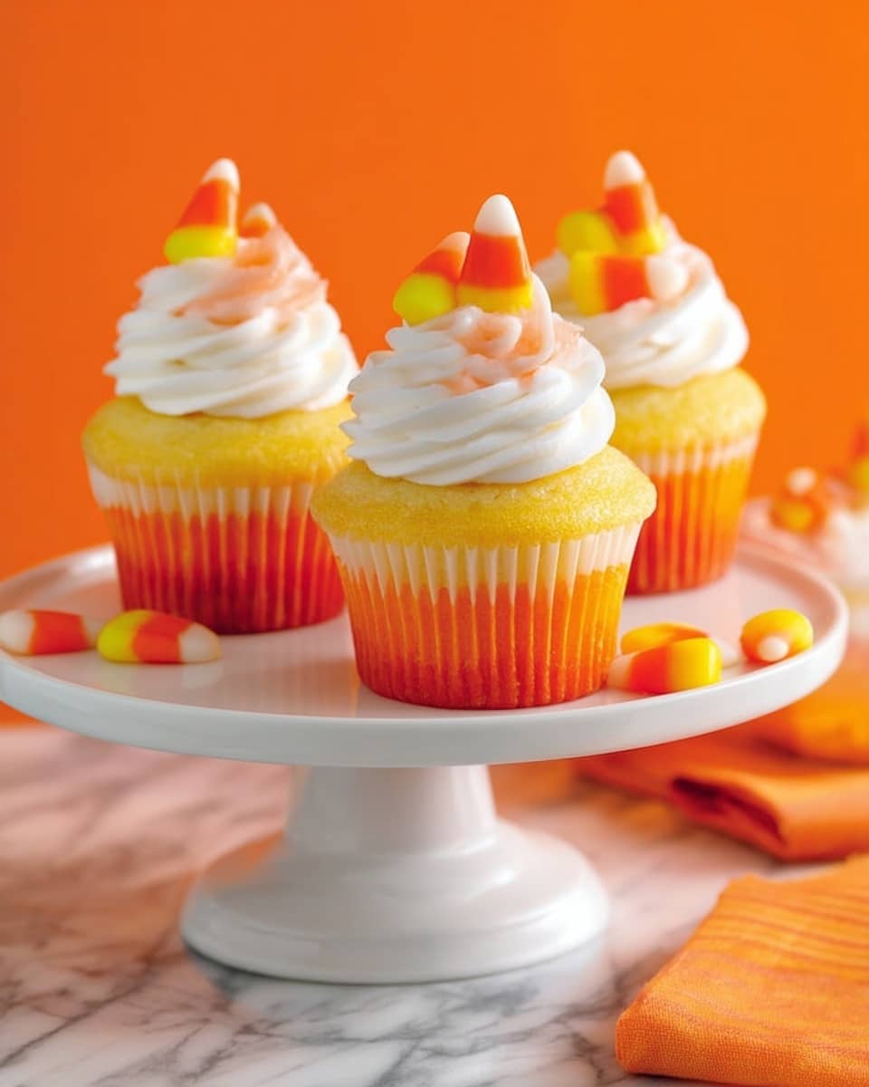 The image shows four cupcakes on a white cake stand, each cupcake having two layers: a bottom yellow layer and a top orange layer. Each cupcake is topped with a swirl of white frosting, and on top of the frosting are three pieces of candy corn with yellow, orange, and white colors. The background is bright orange, and the surface has a white marbled texture. Photo taken with an iphone --ar 4:5 --v 7