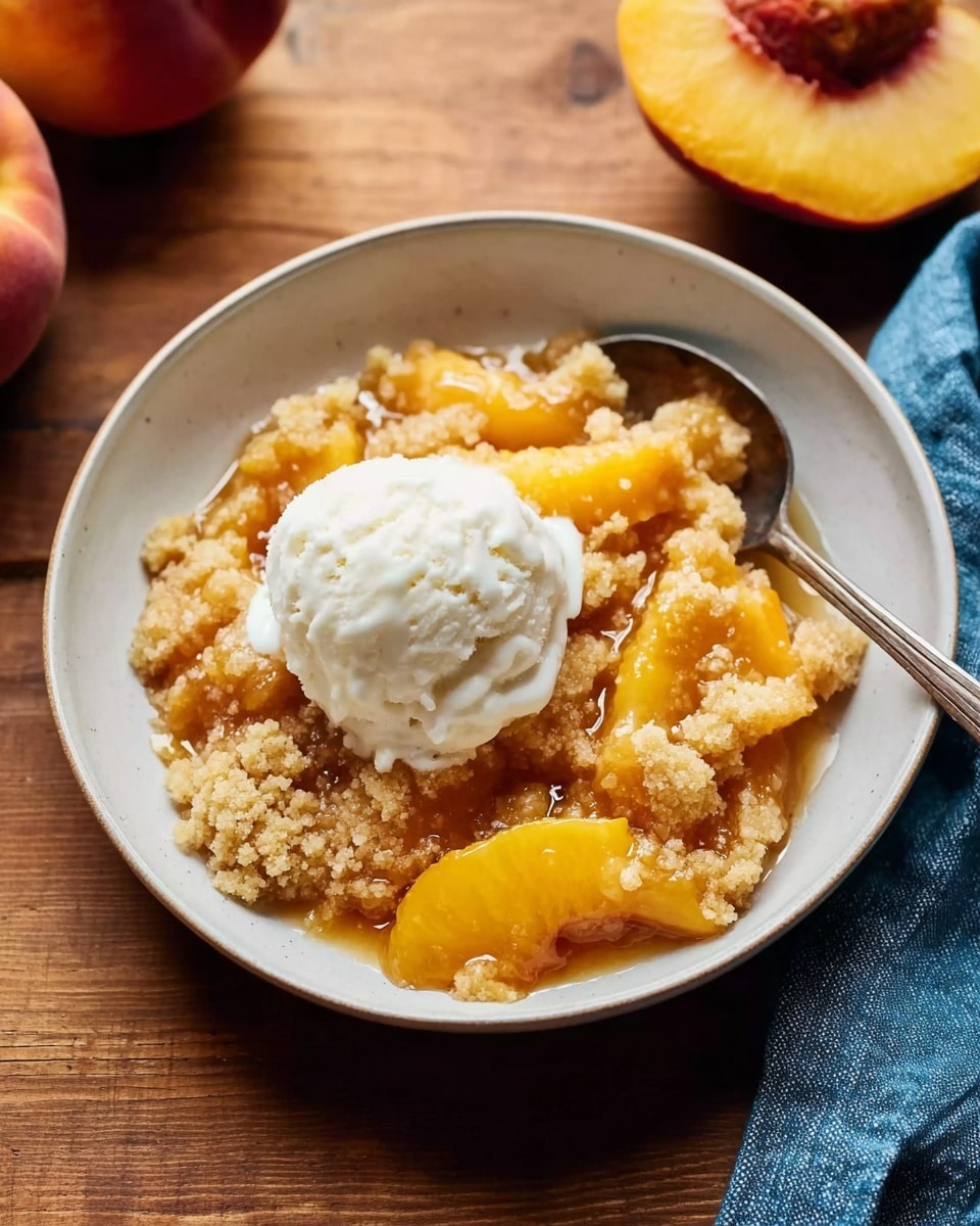 A round white bowl holds a peach dessert with three layers: the bottom layer is soft, golden peach slices covered in syrup, the middle layer is crumbly, light brown cake surrounding the peaches, and the top layer is a smooth, white dollop of vanilla ice cream placed in the center. A silver spoon rests inside the bowl on the right side. The bowl sits on a wooden surface with a halved peach visible at the top right and a blue cloth on the far right. Photo taken with an iphone --ar 4:5 --v 7