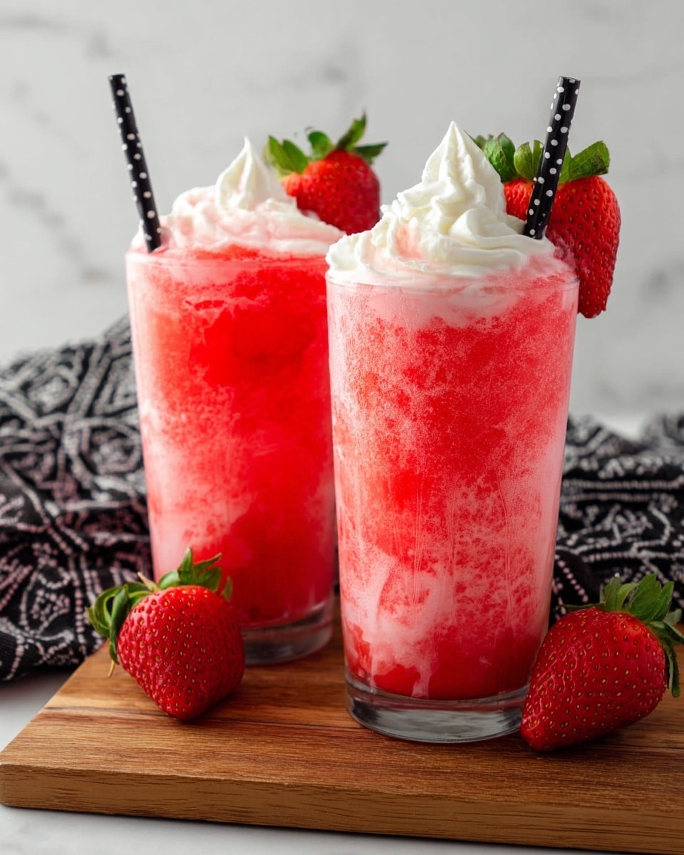 Two tall clear glasses each hold a bright red frozen drink with a smooth icy texture filling most of the glass. The bottom layer shows a slightly lighter pink mix, blending into the deeper red above. On top of each drink is a swirl of white whipped cream and a half strawberry with green leaves placed leaning against the whipped cream. Each glass has a black straw with white polka dots sticking out from the whipped cream. The glasses sit on a wooden board with two fresh whole strawberries in front and a black and white patterned cloth draped behind them on a white marbled surface. photo taken with an iphone --ar 4:5 --v 7