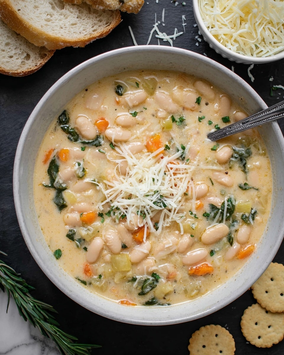 A white bowl filled with thick creamy soup containing white beans, small green leaves, orange carrot pieces, and bits of celery, all mixed in a light beige broth. A small pile of shredded white cheese sits on top in the center. A silver curved spoon rests inside the bowl on the left side. The bowl is placed on a dark surface, with slices of white bread stacked to the top left and a small white bowl filled with more shredded white cheese to the upper right. There are a few scattered light brown round crackers beside the bowl and a sprig of green rosemary below. The background features a white marbled texture. photo taken with an iphone --ar 4:5 --v 7