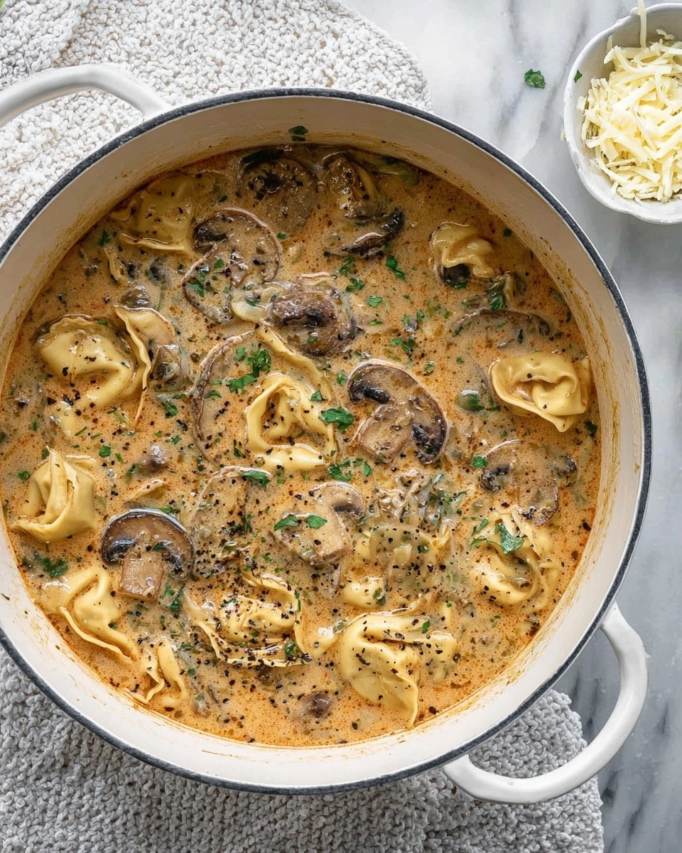 A white bowl filled with a creamy orange sauce covered with green and yellow tortellini pasta, topped with sliced brown mushrooms and sprinkled with chopped green herbs. A silver spoon rests inside the bowl. To the top right, there is a small white bowl full of grated cheese. Two golden brown croissants are placed on a small wooden board at the top left corner. The entire setting is on a white marbled surface with a textured white cloth partially under the bowl. Photo taken with an iphone --ar 4:5 --v 7