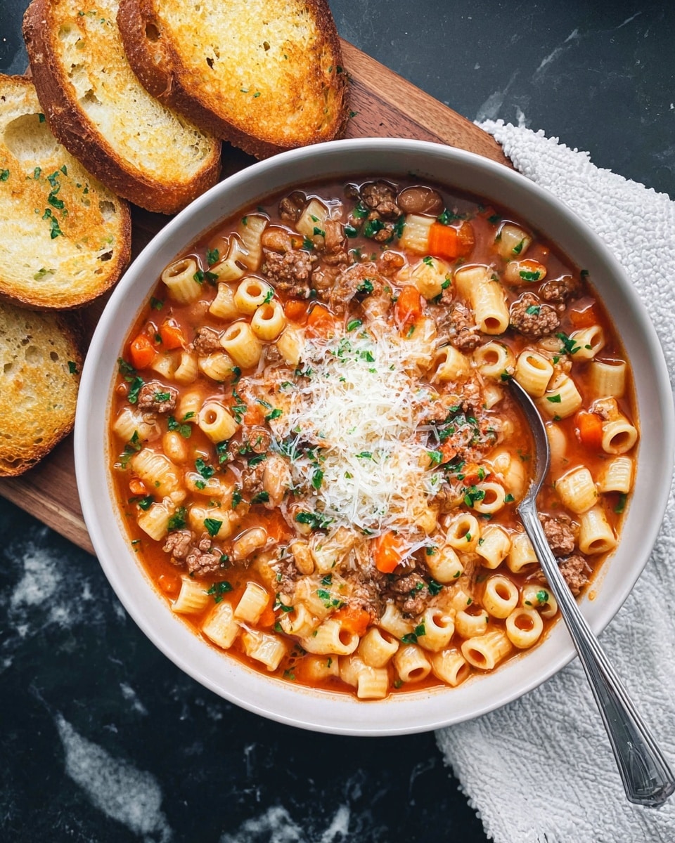 A large white bowl holds a thick soup filled with small tube-shaped pasta in light yellow, white beans, ground meat pieces, and diced orange carrots, all mixed in a rich reddish-orange broth with visible herbs and green chopped parsley sprinkled throughout. There is a heap of grated white cheese in the center on top of the soup. A silver spoon rests inside the bowl, partially submerged in the soup. On the left side, several slices of toasted bread with golden-brown crust sit on a wooden board, placed on top of a white textured cloth. The bowl and board are on a dark surface that is changed to a white marbled texture. Photo taken with an iphone --ar 4:5 --v 7