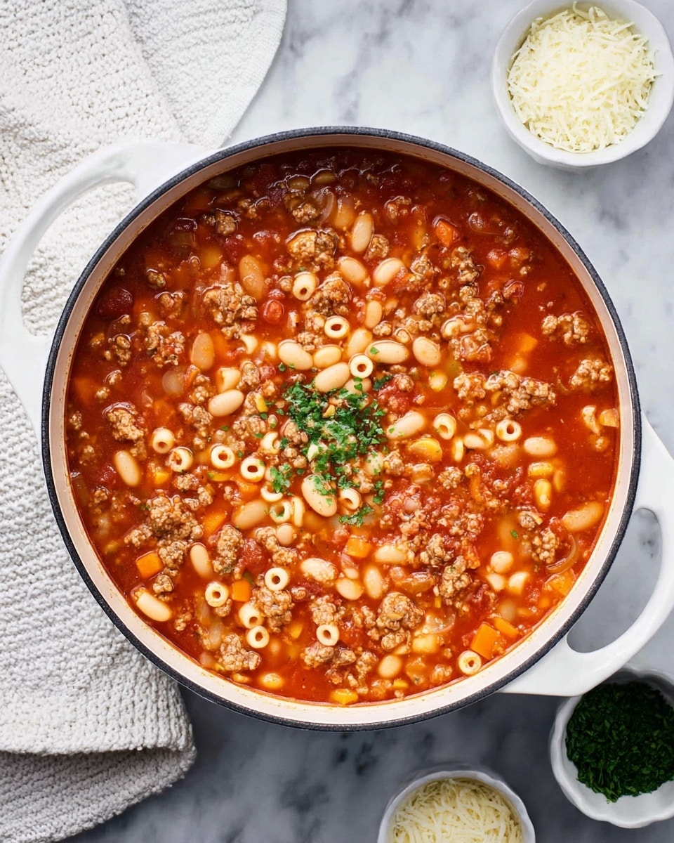 A large white pot filled with a chunky soup that has three main layers: a top layer of small white pasta tubes mixed with light orange carrot cubes and small green herb bits; a middle layer of creamy white beans and small browned meat pieces in a thick red tomato broth; and a bottom layer that blends these ingredients in a rich, glossy red sauce. A black ladle lifts a spoonful showing the pasta, carrots, beans, and herbs clearly. The pot sits on a white marbled surface. photo taken with an iphone --ar 4:5 --v 7