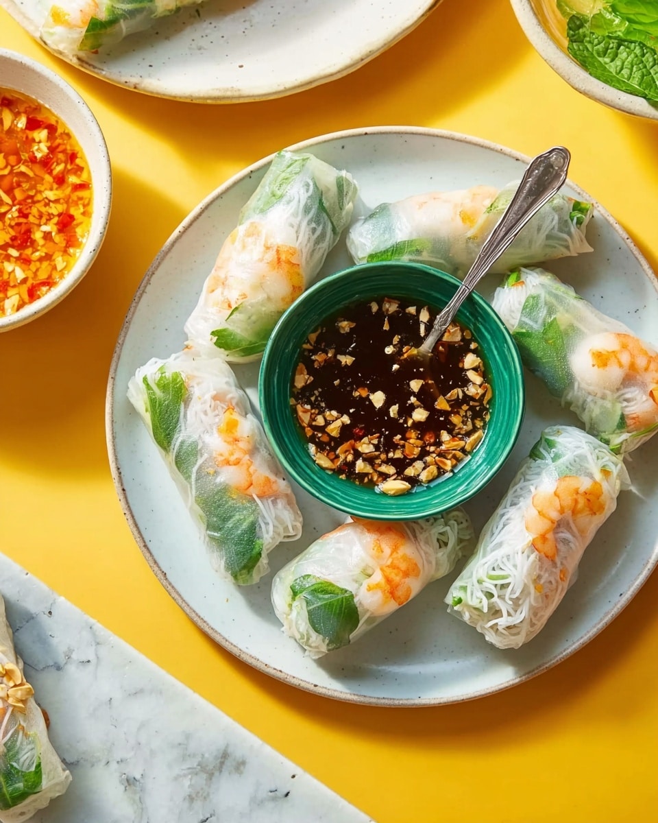 A white plate holds six fresh spring rolls wrapped in translucent rice paper, showing layers of pale white rice noodles, small pink shrimp, and bright green lettuce inside, arranged in a scattered pattern. On the plate, towards the left side, there is a small green textured bowl filled with a dark brown sauce that has crushed peanuts on top, with a silver spoon resting inside. The setting includes a yellow surface with a white marbled texture seen behind. In the top left corner, part of another white plate with more spring rolls and a sauce bowl is visible. Photo taken with an iphone --ar 4:5 --v 7