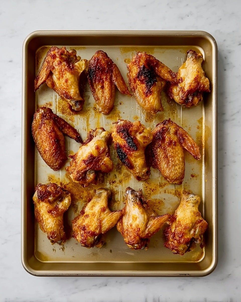 A gold-colored baking tray holds twelve cooked chicken wings arranged in three rows of four. The wings have a mix of golden brown and darker crispy areas, showing a well-cooked texture with some oily spots around them on the tray. The tray is placed on a white marbled surface. photo taken with an iphone --ar 4:5 --v 7