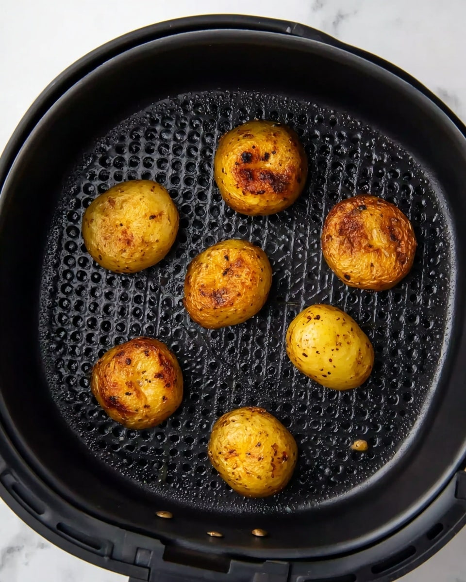 The image shows seven small, round potatoes inside a black air fryer basket with a dotted surface. Each potato is evenly browned and has a slightly crispy texture with some darker spots from cooking. The potatoes are spaced out neatly, showing a mix of golden yellow and brown colors on their cut sides, giving them a roasted look. The air fryer basket is black and sits against a white marbled background. photo taken with an iphone --ar 4:5 --v 7