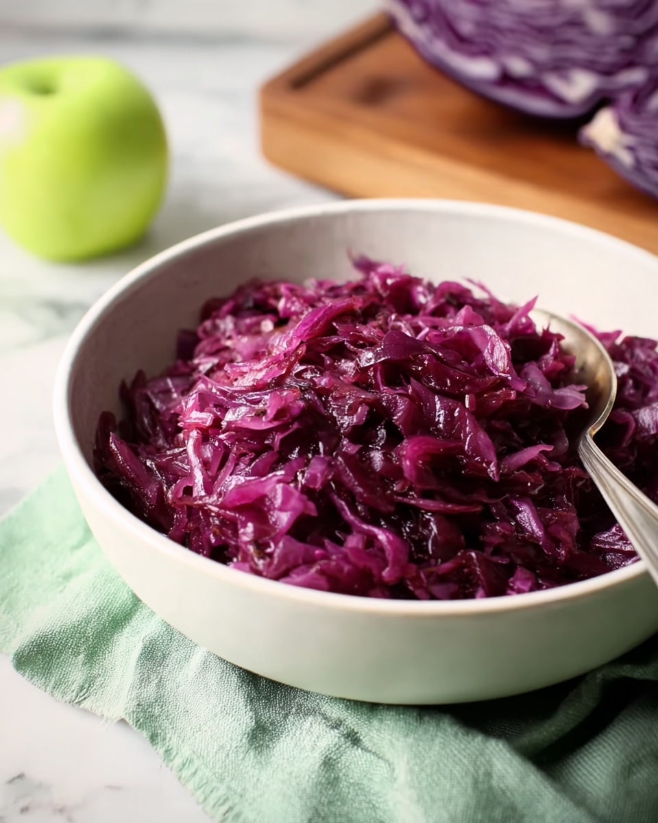 A white bowl filled with shredded deep purple-red cooked cabbage, showing a soft, wet texture. A silver spoon rests inside the bowl on the right side. The bowl sits on a pale green cloth on top of a white marbled surface. In the background, there is a green apple on the left and a wooden board with purple cabbage on the right, both out of focus. photo taken with an iphone --ar 4:5 --v 7