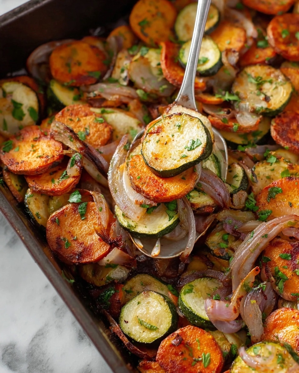 A close-up view of a baking dish filled with a mix of roasted vegetable slices, including light brown potato slices with reddish edges, green zucchini slices with full green rims, and pale purple thin onion strips. These vegetables are scattered unevenly, covered with small green chopped herbs spread across the top. A silver serving spoon lifts a scoop of the cooked vegetables, showing their slightly crispy and browned texture, all resting in a dark baking tray placed on a white marbled surface. photo taken with an iphone --ar 4:5 --v 7