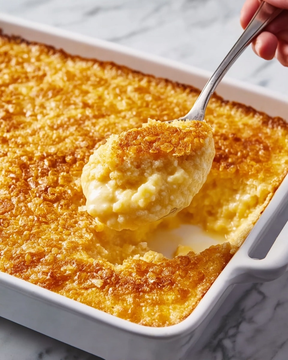 The image shows a white rectangular baking dish filled with a creamy corn pudding that has a golden browned top layer. The top layer looks slightly crispy with a textured, bubbly surface. A spoon lifts out a scoop, revealing a thick, soft middle layer that is pale yellow and creamy with pieces of corn visible throughout. The background is a white marbled surface, and a silver spoon is held by a woman's hand scooping the dish. photo taken with an iphone --ar 4:5 --v 7