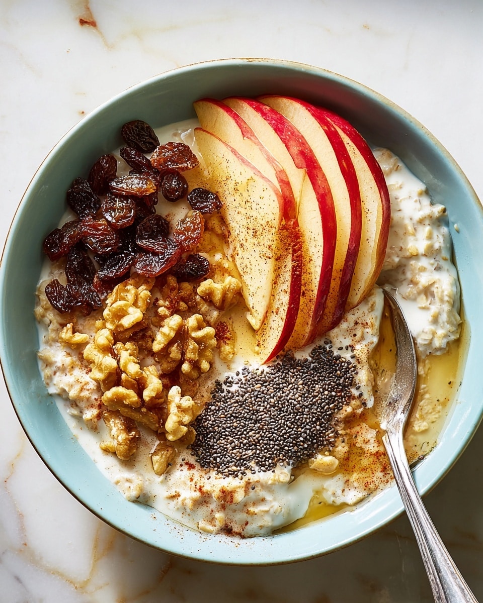 A light blue bowl holds a creamy oatmeal base with visible soft texture. On top, from left to right, there are dark golden raisins, crushed walnuts with rich warm brown tones, a large patch of tiny black chia seeds, and thinly sliced red pear arranged in a neat fan shape. The oatmeal is drizzled with a light brown syrup and sprinkled with a fine dusting of cinnamon powder. A silver spoon is partly submerged in the oatmeal, resting at the bottom right edge of the bowl, all set on a white marbled surface. Photo taken with an iphone --ar 4:5 --v 7