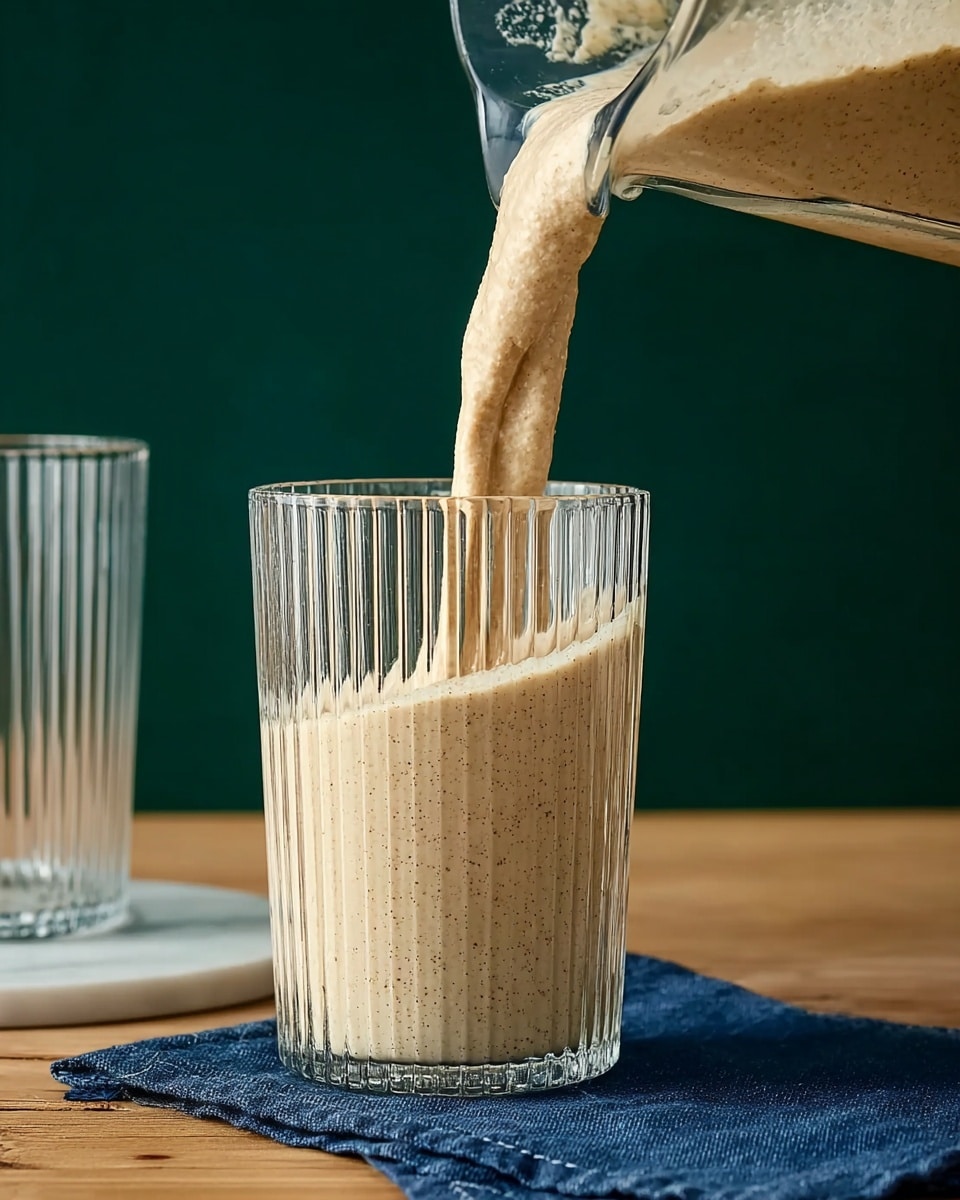A thick light beige smoothie with tiny brown spots is being poured from a clear blender jar into a tall, clear glass with vertical ridges. The glass is placed on a dark blue cloth on a wooden surface that rests on a white marbled texture. Behind the glass is an empty, identical glass. The background is a plain dark green wall. photo taken with an iphone --ar 4:5 --v 7