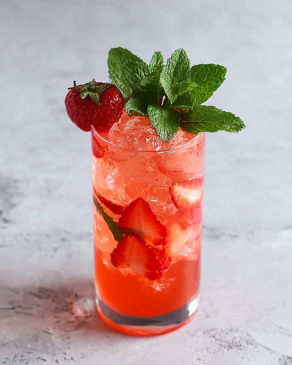 A tall clear glass filled with a bright pink drink that has ice cubes and thin slices of strawberries inside. The drink is topped with fresh green mint leaves standing up and a whole red strawberry with green leaves sitting on the rim of the glass. The glass is placed on a white marbled surface. photo taken with an iphone --ar 4:5 --v 7